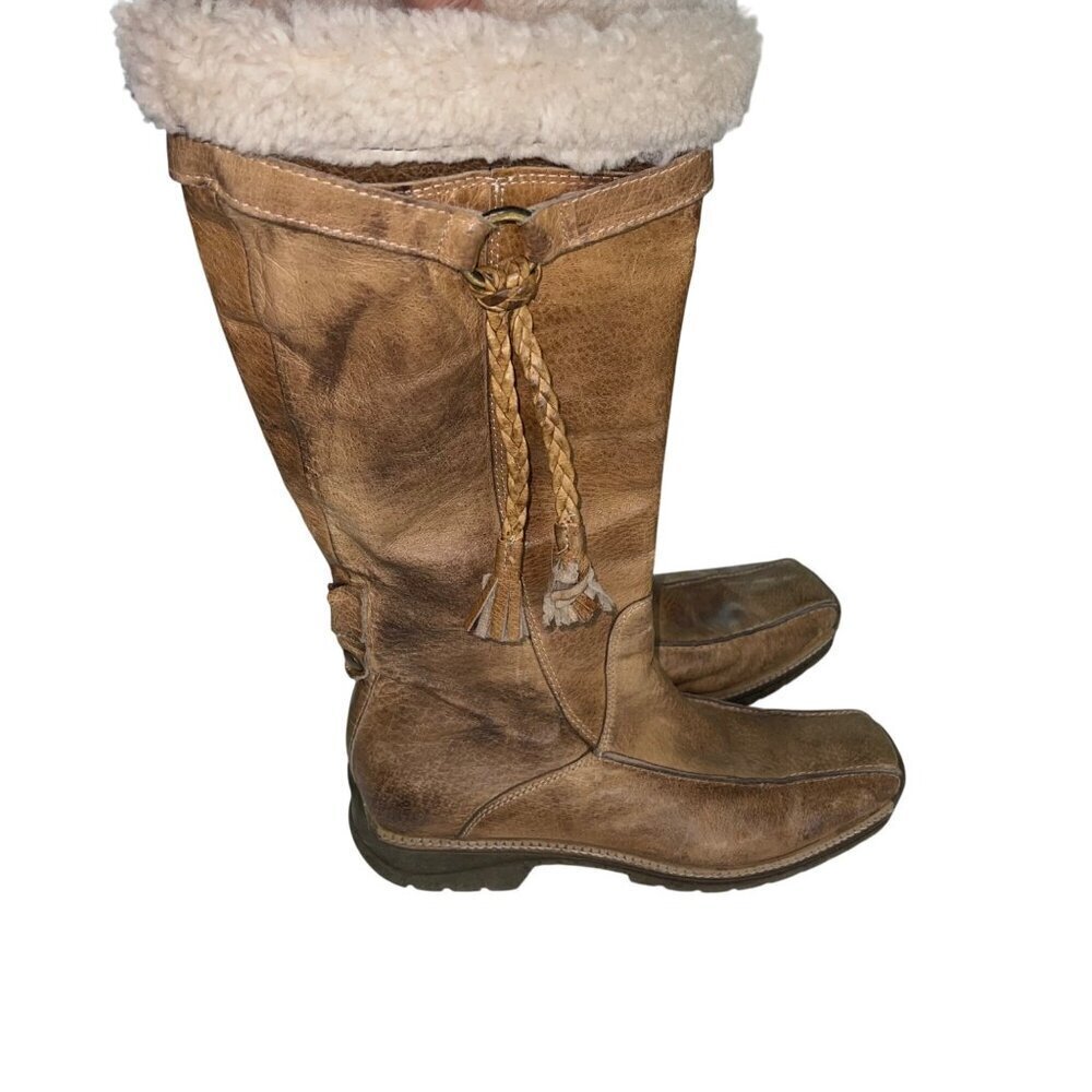 Manas Design Womens Boots Size 38 Distressed Leather Sheepskin Fur Trim Knee